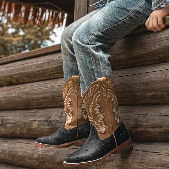 ⚡Kid Black Ostrich Synthetic Cowboy Riding Shoes Square Toe Wide Calf Boot - Picture 4 of 6